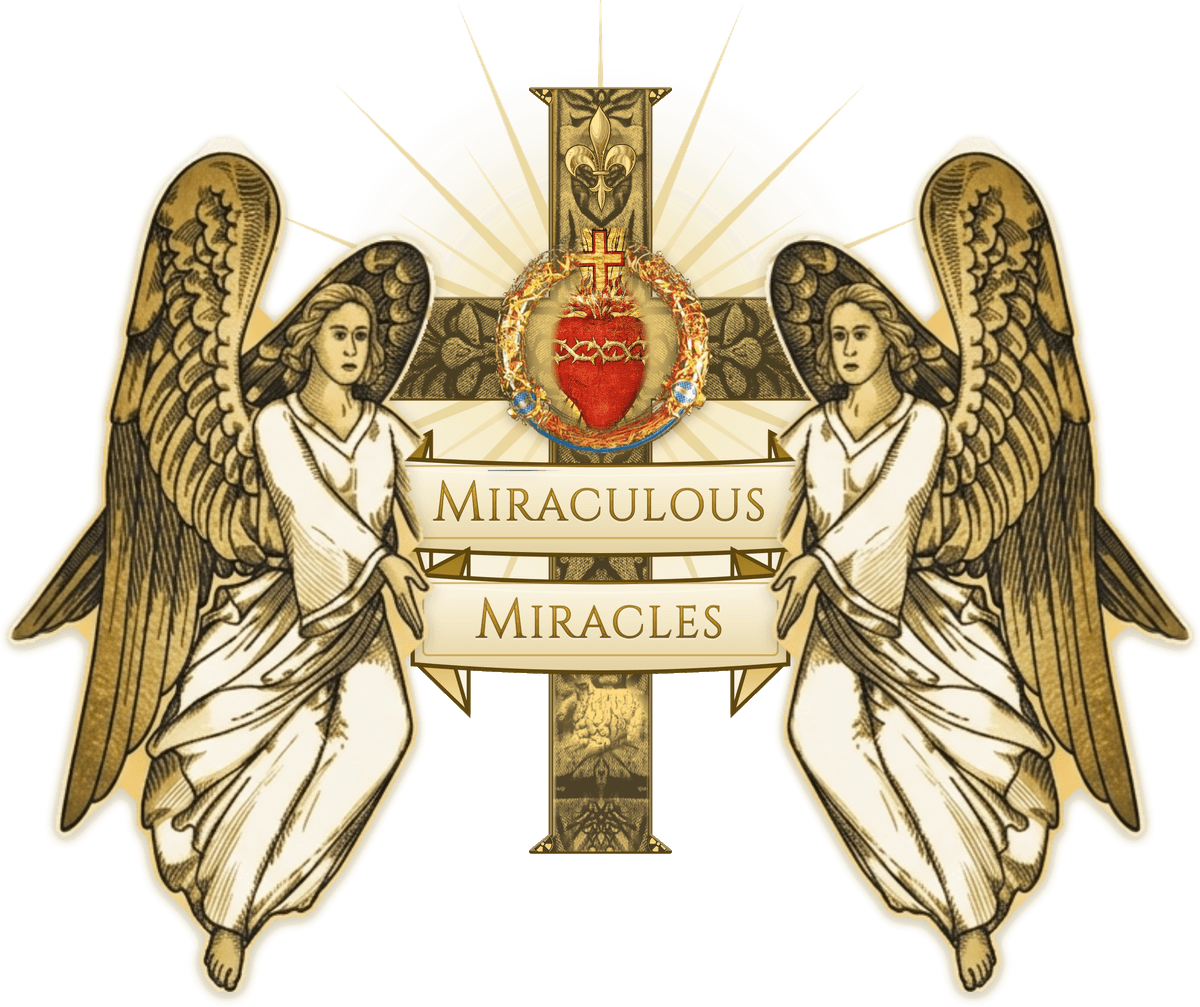 Miraculous Miracles — two angels flanking an ornate cross bearing the Sacred Heart